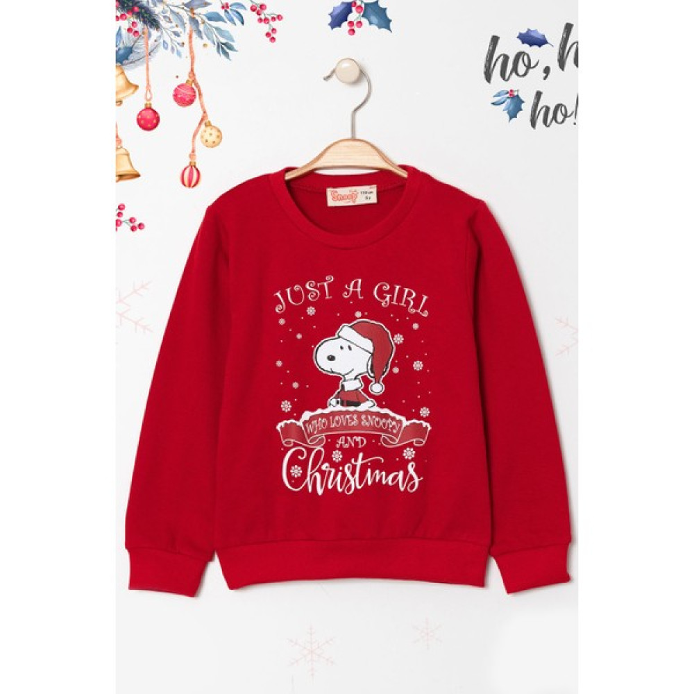 Snoopy Baskılı Yılbaşı Temalı 2 Ip Şardonlu Kız Çocuk Sweatshirt Kız Çocuk Sweatshirt Fiyatı
