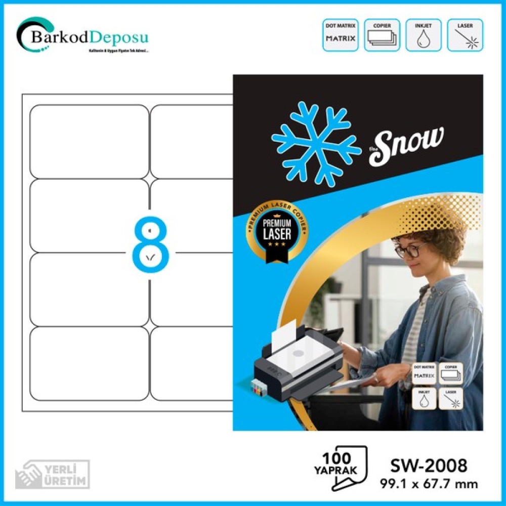 Snow SW-2008 Snow A4 Lazer Etiket 99.1×67.7 mm - Beyaz - 1 Adet Etiket Makinesi Fiyatı