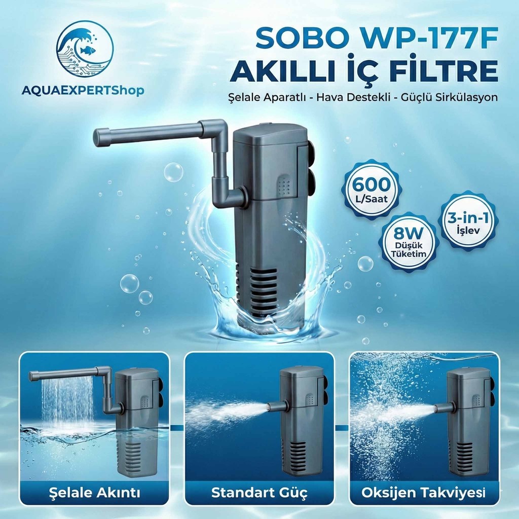 Sobo Akvaryum Şelale Aparatlı Iç Filtre WP-177F 8W - 600 Litre/saat - Siyah Evcil Hayvan Ürünleri Fiyatı