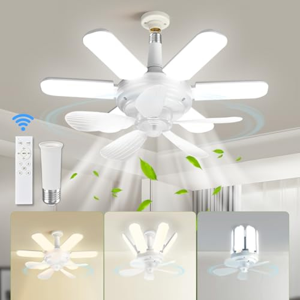 Socket Fan Light, Dimmable LED Ceiling Fans with Remote, 360° Super Bright Foldable Blades, Small Ceiling Fan with Light, Modern Ceiling Fan for Bedroom, Garage, Basement, Workshop, Indoor Lighting