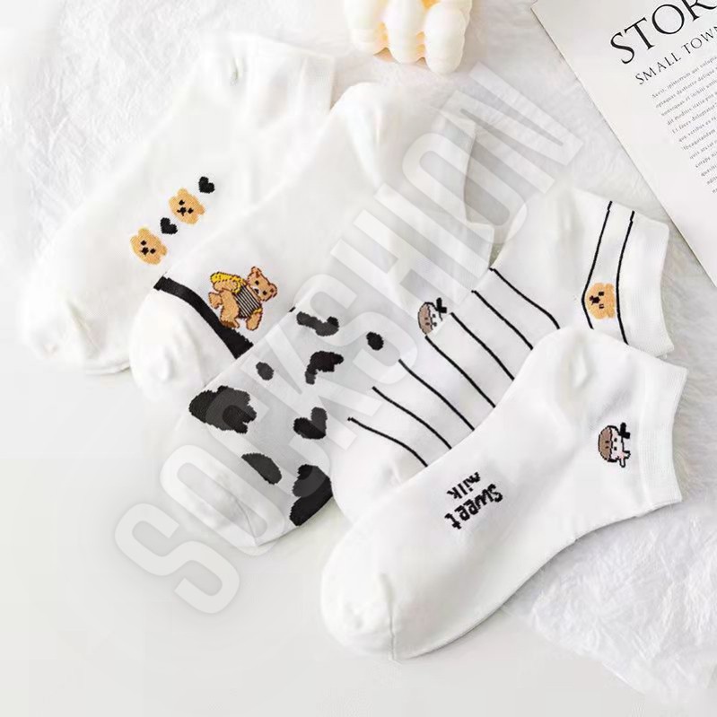 Sockshion 5 Çift Panda ve Inek Desenli Beyaz Kadın Patik Çorap Seti Diğer Fiyatı