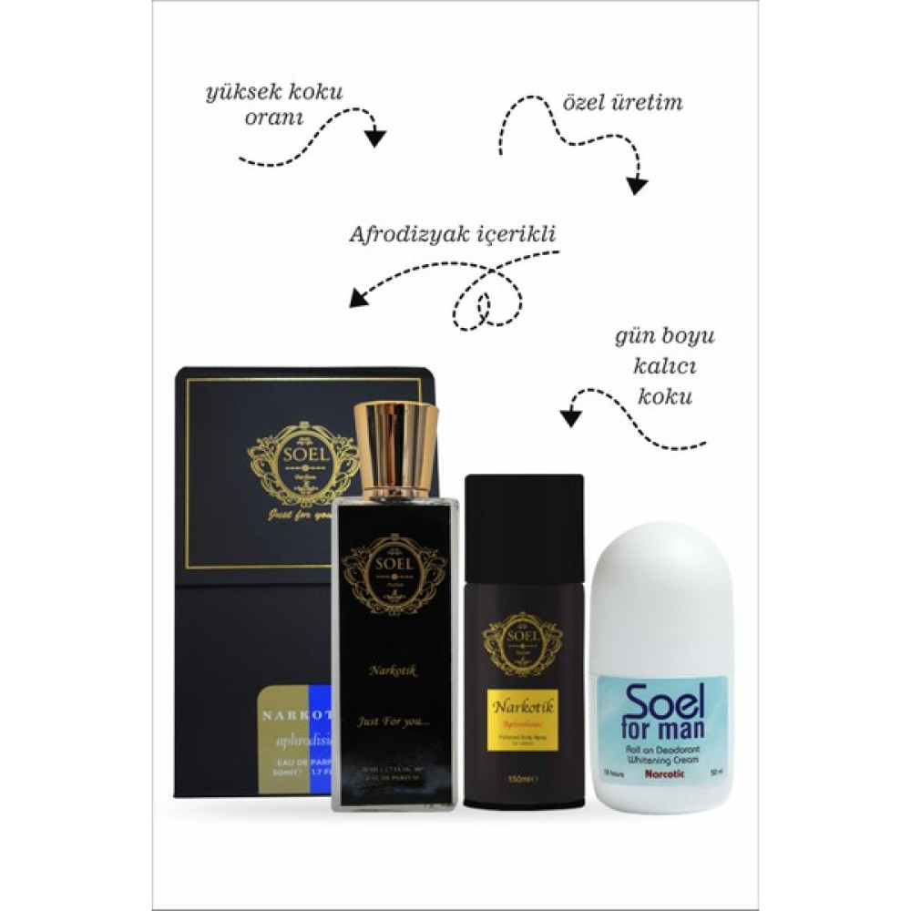 Soel Parfüm Narkotik Set 3'lü Narkotik Erkek Parfüm 60 Ml+Narkotik Deodrant+Narkotik Roll-On - 50 ml Erkek Parfümleri Fiyatı