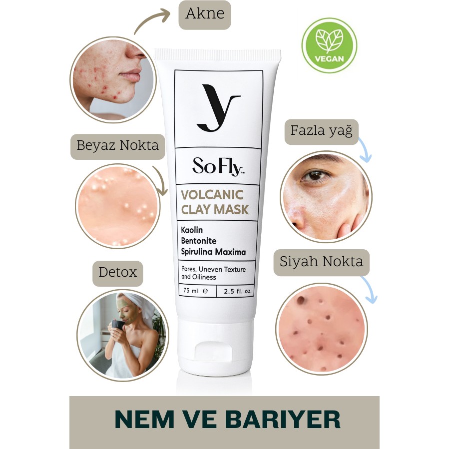 SoFly Volkanik Kil Yüz Maskesi 75 ml – Kaolin, Bentonit ve Spirulina ile Siyah Nokta ve Akne Karşıtı Vegan Detox Etkili Diğer Fiyatı