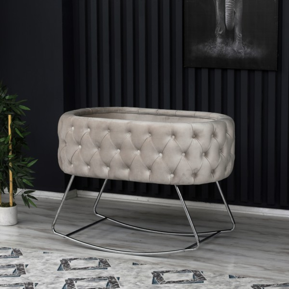 Soft Home Anne Yanı Lüks Sallanır Krem Kumaş Gümüş Ayak Beşik - Renkli Beşik Fiyatı