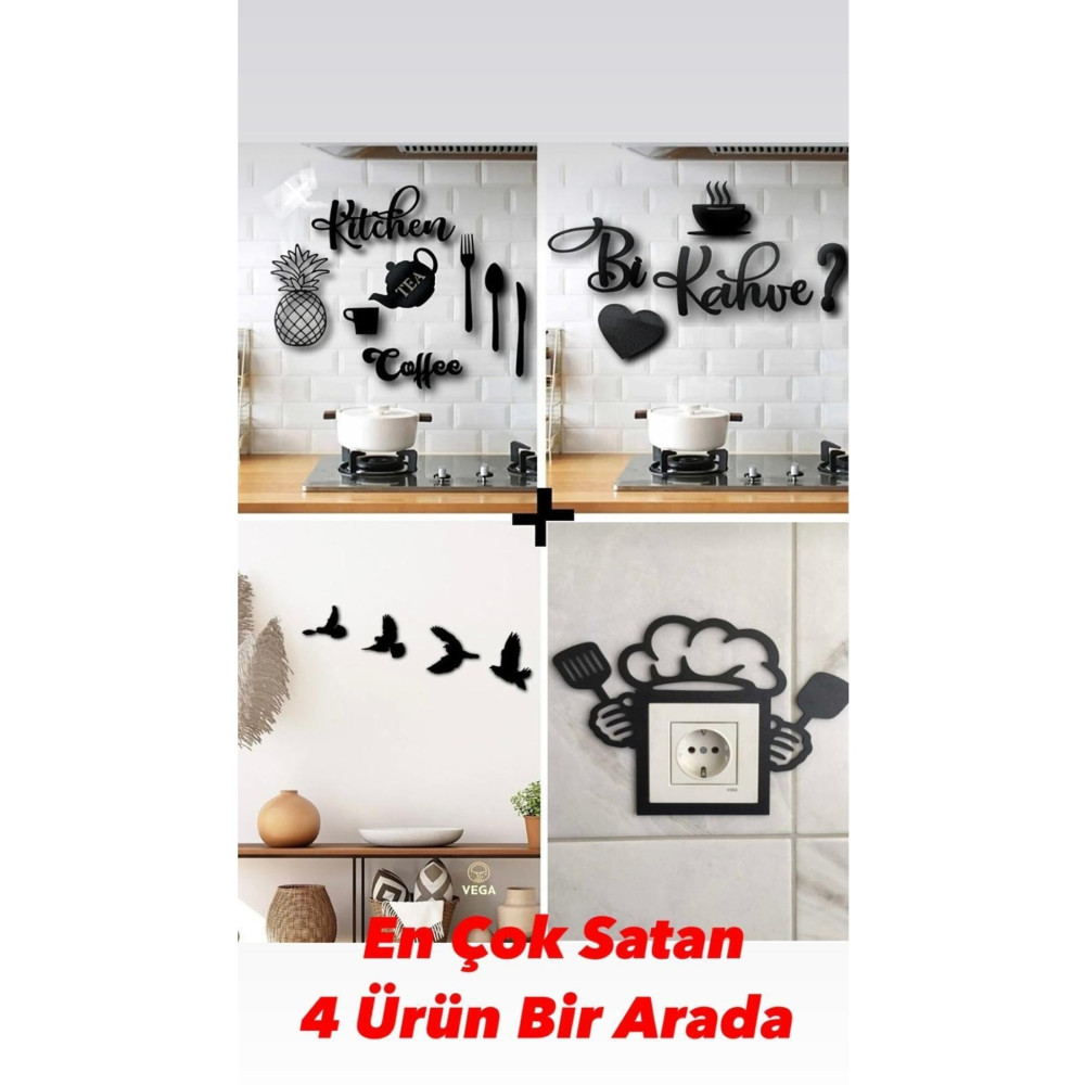 softclass Kitchen 9 Parça + Mutfak Priz + Bi Kahve + 4lü Kuş Duvar Dekoru 4 Ürün 1 Arada 50 x 50 Beden Ev & Dekorasyon Aksesuarları Fiyatı