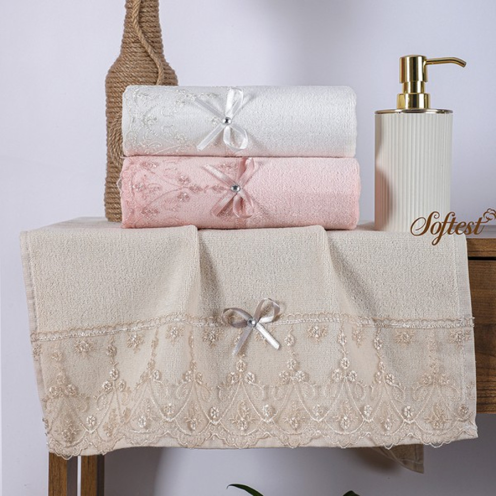 Softest 3 Adet 3 Renk 50X90 Güpürlü Kurdelalı Kadife Havlu, Çeyizlik El Yüz Havlusu, Banyo Havlusu - Pudra - Krem Rengi - Bej - 50 x 90 cm El / Yüz Havlusu Fiyatı