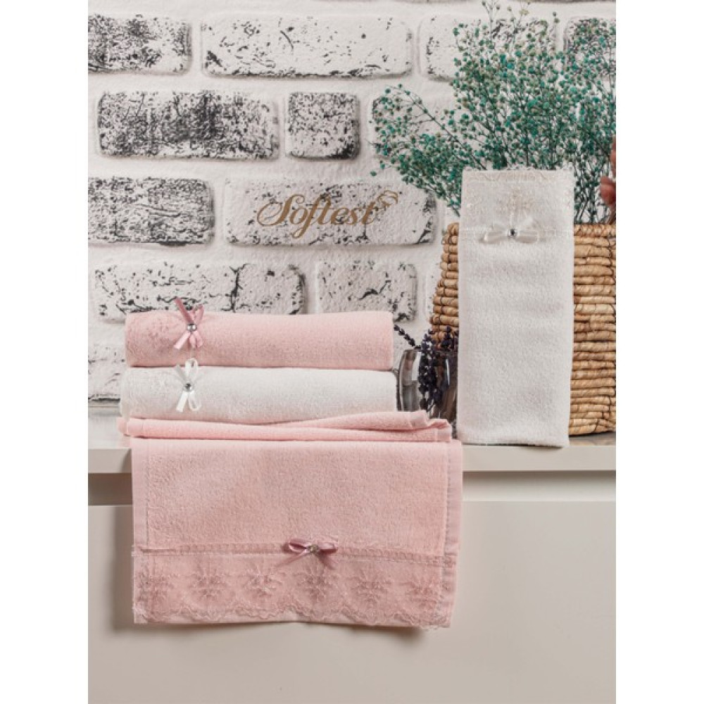 Softest Kurdelalı Güpürlü-Kadife Mutfak Havlusu Seti - Pudra Pembe - Beyaz - 30 x 50 cm El / Yüz Havlusu Fiyatı