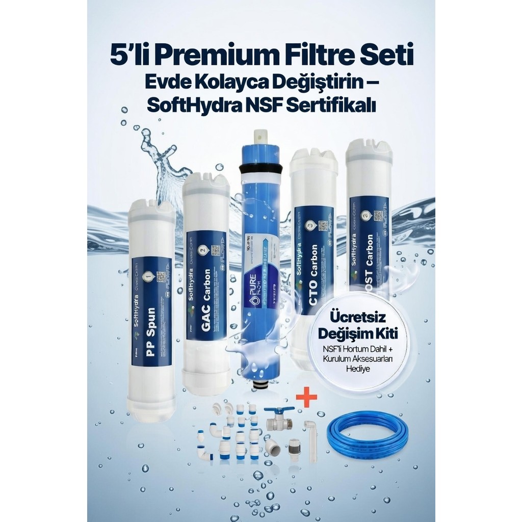 SoftHydra 10 İnç Standart 5'li Su Arıtma Filtre Seti - 80 GPD Membran Dahil Full Bakım Paketi - NSF Sertifikalı Tüm Açık Kasa Cihazlara Uyumlu Hedi... Su Arıtma Cihazı Fiyatı