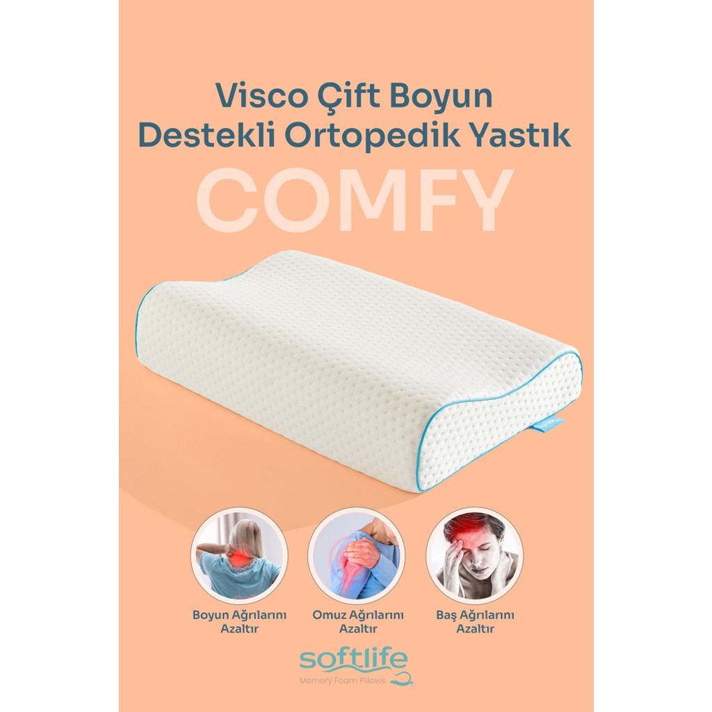Softlife COMFY Visco Çift Boyun Destekli Ortopedik Visko Yastık - 60x40x12/10cm - 60 x 40 cm - Beyaz Yastık Kılıfı Fiyatı
