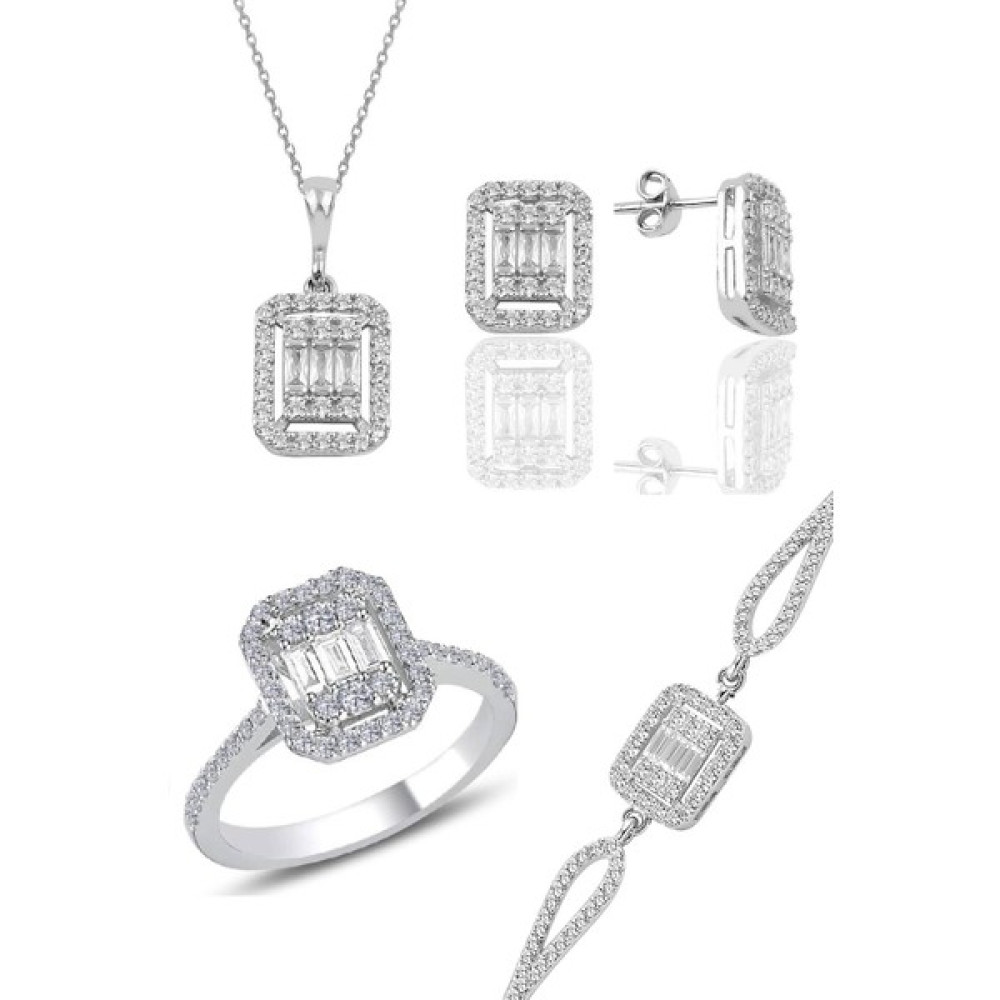Söğütlü Silver Gümüş Rodyumlu Baget Taşlı Dörtlü Set - 18 Gümüş Kolye Fiyatı