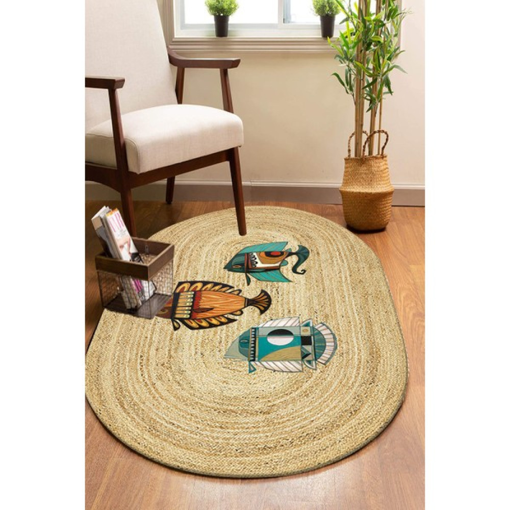 Soho Halı Etnik Balıklar Desenli Oval Örme Dekoratif Jüt Kilim Hasır Halı JUT-4052 - Renkli - 60 x 120 cm Kilim Fiyatı