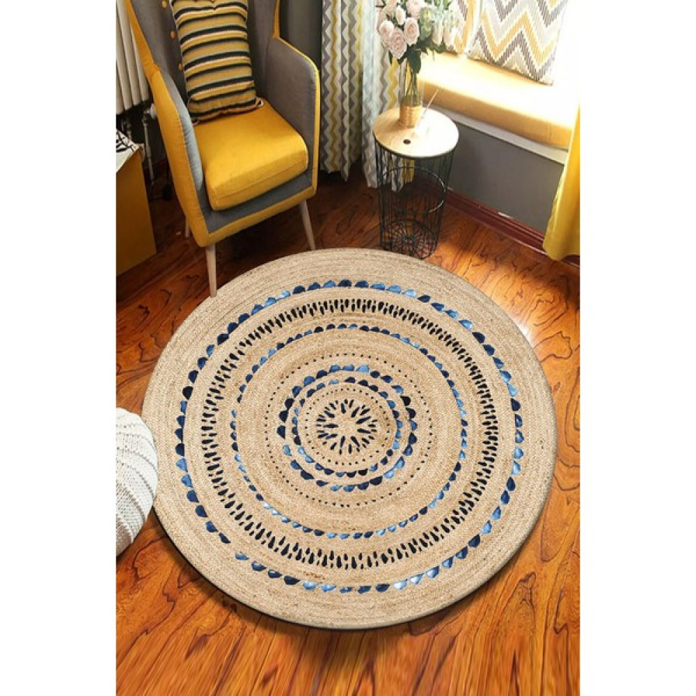 Soho Halı Mavi Halkalı Desenli Yuvarlak Jüt Örme Doğal Hasır Kilim Daire Halı JUT-3028 Kilim Fiyatı