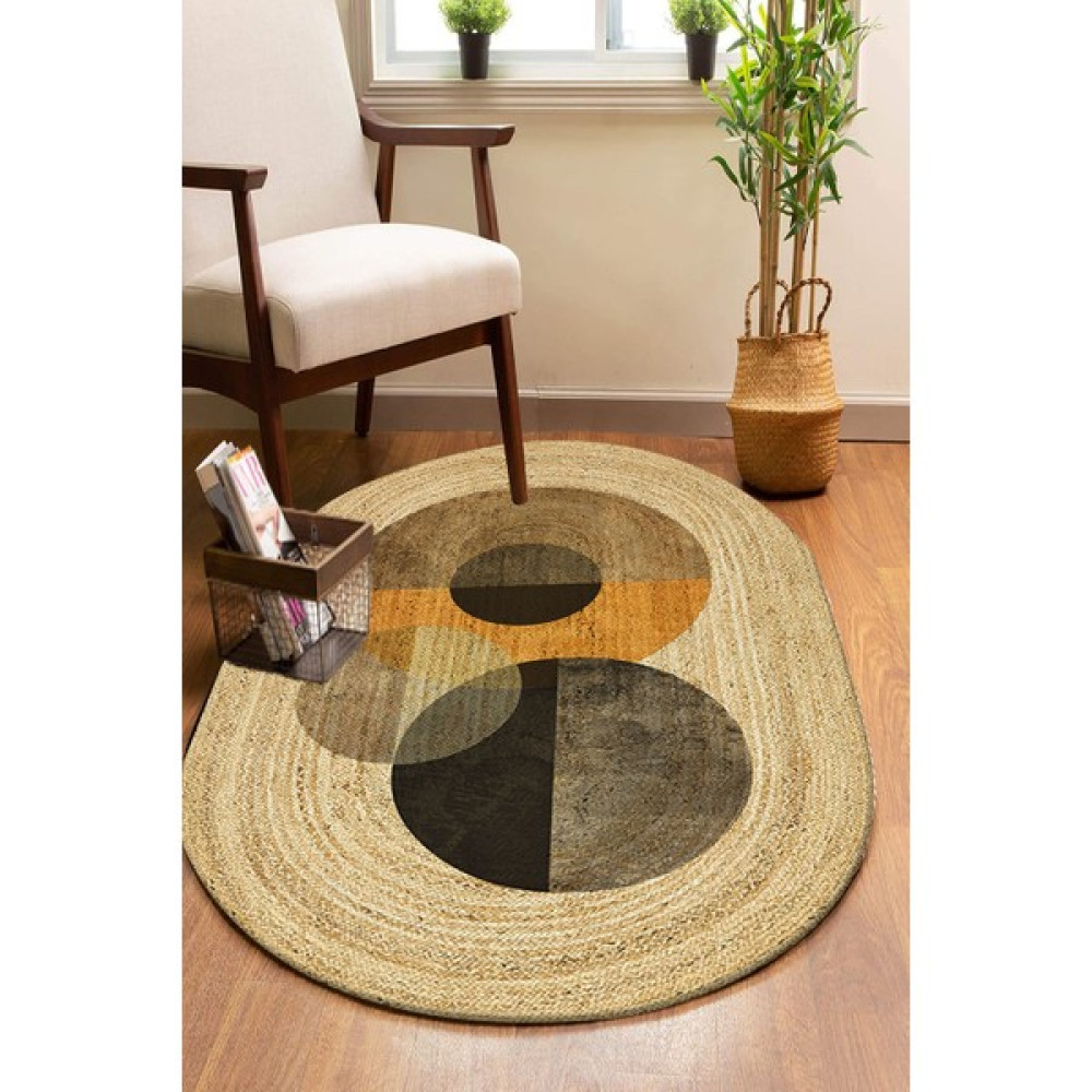 Soho Halı Sanatsal Daireler Desenli Oval Örme Dekoratif Jüt Kilim Hasır Halı JUT-4060 - Renkli - 60 x 120 cm Kilim Fiyatı