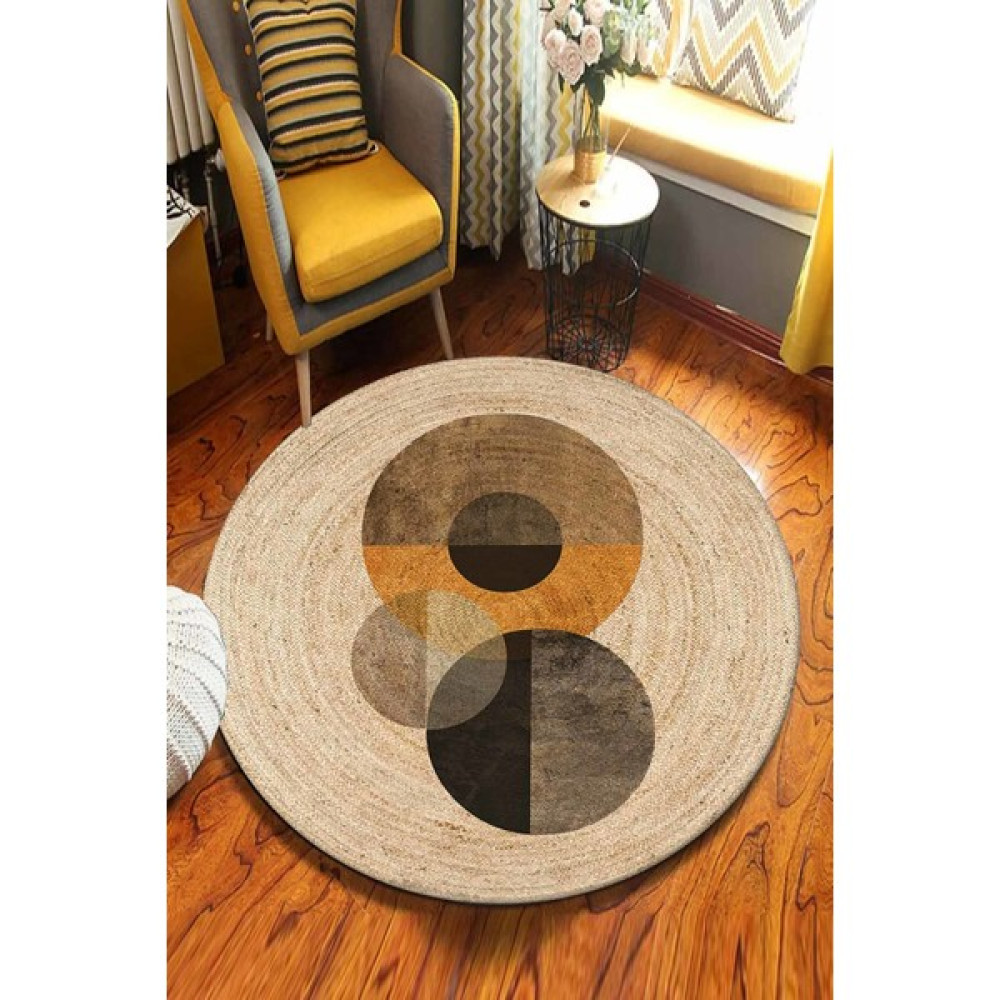 Soho Halı Sanatsal Daireler Desenli Yuvarlak Jüt Örme Doğal Hasır Kilim Daire Halı JUT-3061 Kilim Fiyatı