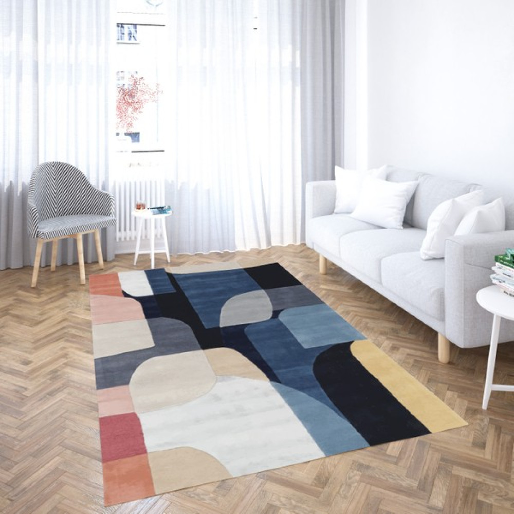 Soho Halı Soho Geometrik Patch Desenli Modern Halı - 50 x 80 cm - Mavi Salon Halısı Fiyatı