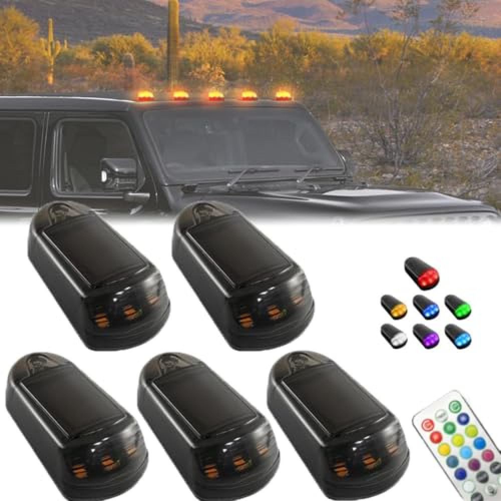 Solar Powered Cab Lights, No Drill Solar Powered Cab Lights, Wireless Solar LED Pilot Light, Car Roof Marker Lights Waterproof, Universal Vibration High Color Sensor Lights(Black,With remote control