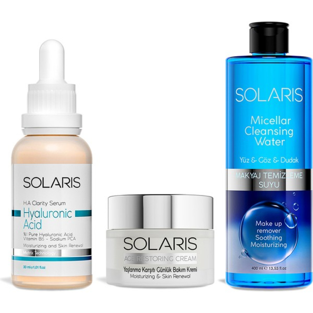 Solaris Bio-Retinol Serum 30 ml ve Bakım Kremi 50 ml ve Makyaj Temizleme Suyu 400 ml Anti-Aging / Yaşlanma Karşıtı Fiyatı