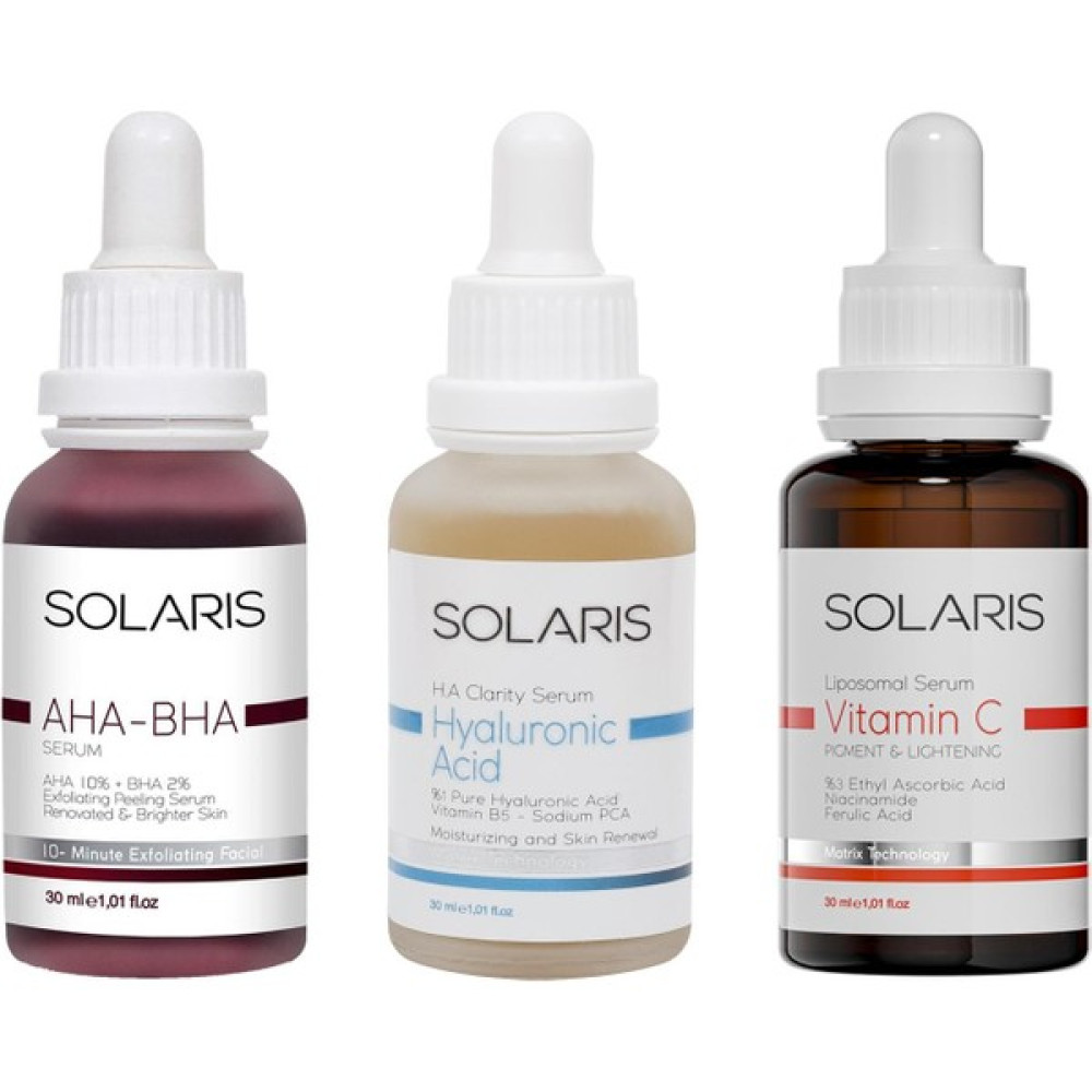 Solaris Cilt Tonu Eşitleyici Aha %10 + Bha %2 Serum 30 ml ve Hyaluronik Asit Serum 30 ml ve Leke Karşıtı C Vitamini Serum 30 ml Anti-Aging / Yaşlanma Karşıtı Fiyatı
