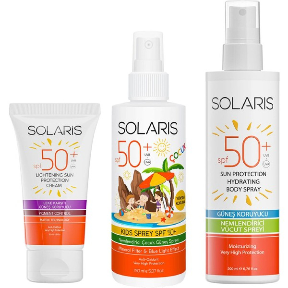 Solaris Güneş Kremi Leke Karşıtı Spf 50+ (50 Ml) ve Çocuk Güneş Kremi Sprey Spf 50+ (150 Ml) ve Yetişkin Güneş Koruyucu Krem Sprey Spf 50+ (200 Ml) Güneş Kremleri ve Losyonları Fiyatı
