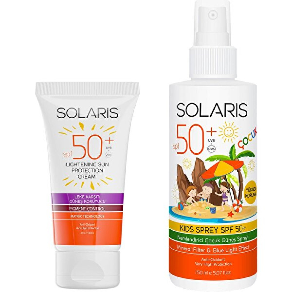 Solaris Güneş Kremi Leke Karşıtı Spf 50+ (50 Ml) ve Çocuk Güneş Kremi Sprey Spf 50+ Yüksek Koruma (150 Ml) Güneş Kremleri ve Losyonları Fiyatı