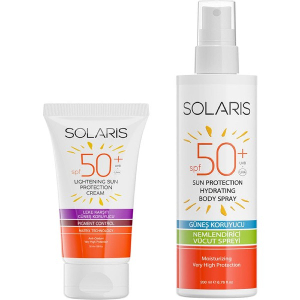 Solaris Güneş Kremi Leke Karşıtı Spf 50+ 50 ml ve Güneş Koruyucu Krem Sprey Spf 50+ Yüksek Koruma 200 ml Güneş Kremleri ve Losyonları Fiyatı