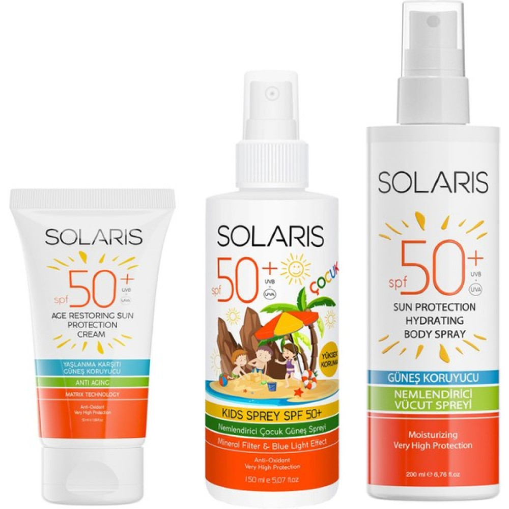 Solaris Güneş Kremi Spf 50+ (50 Ml) ve Çocuk Güneş Kremi Sprey Spf 50+ (150 Ml) ve Yetişkin Güneş Koruyucu Krem Sprey Spf 50+ (200 Ml) Güneş Kremleri ve Losyonları Fiyatı