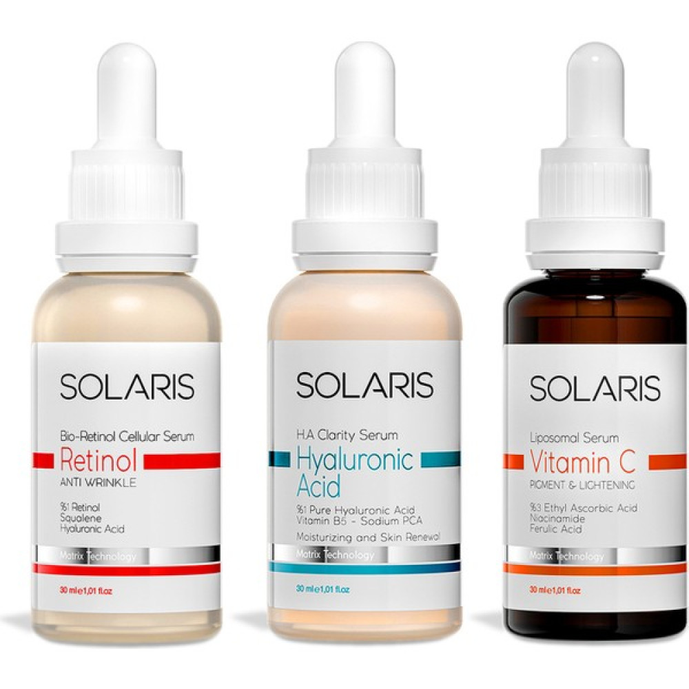 Solaris Retinol Cilt Serumu 30 ml ve Hyaluronic Acid Cilt Serumu 30 ml ve C Vitamin Cilt Serumu 30 ml Anti-Aging / Yaşlanma Karşıtı Fiyatı