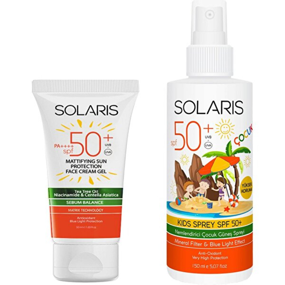 Solaris Yağlı Cilt Tipleri İçin Jel Güneş Kremi Spf 50+ 50 ml ve Çocuk Güneş Kremi Sprey Spf 50+ 150 ml Güneş Kremleri ve Losyonları Fiyatı