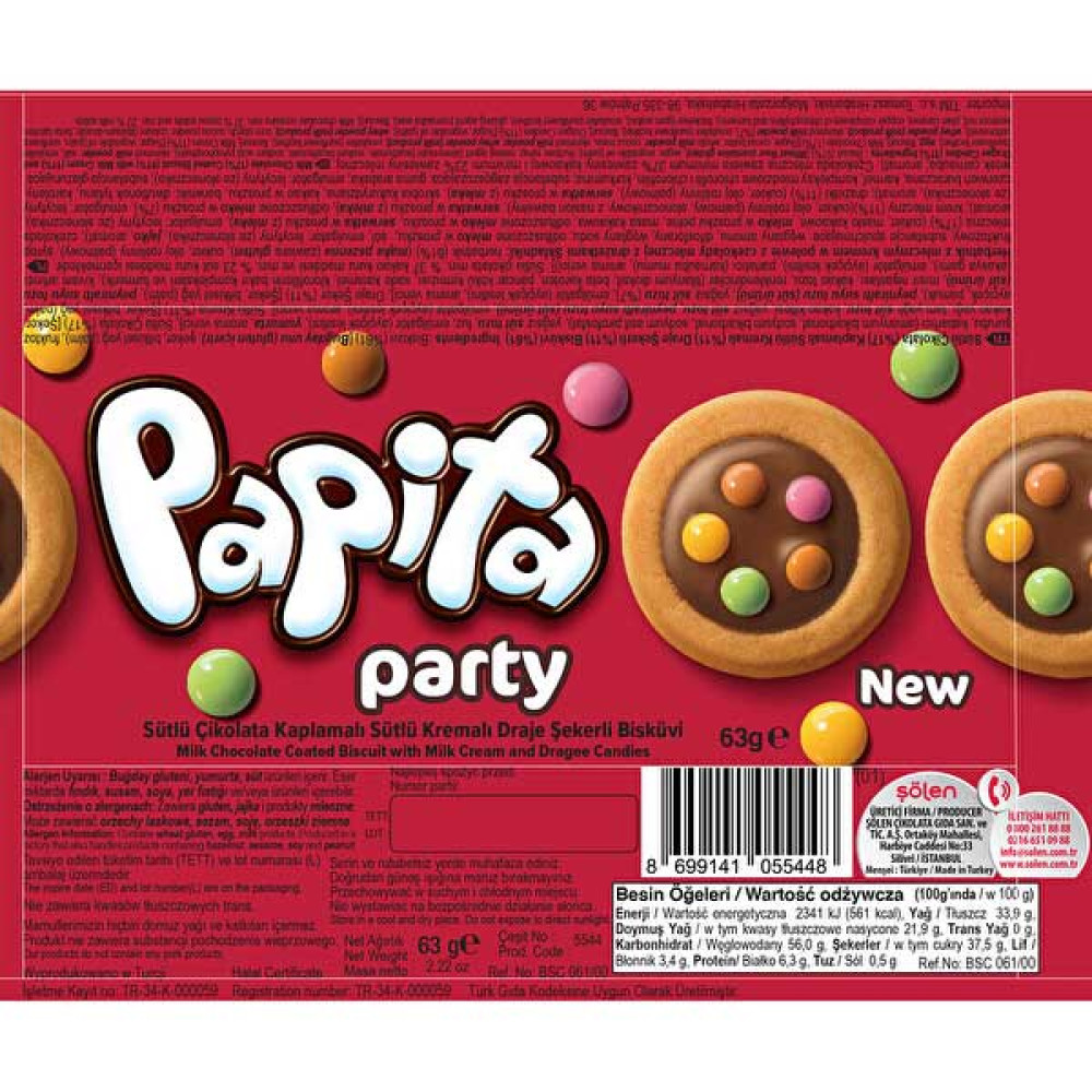 Şölen Papita Party Çikolata Kaplı Drajeli Bisküvi 63 gr