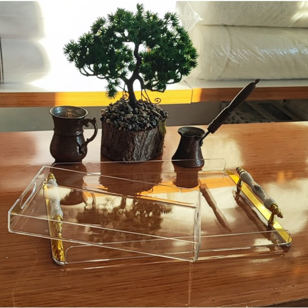 Solidclass 2'li Şeffaf Pleksi Gold Desenli Sunum Tepsisi 35 x 25 cm ve 15 x 23 cm Servis Tepsisi Fiyatı
