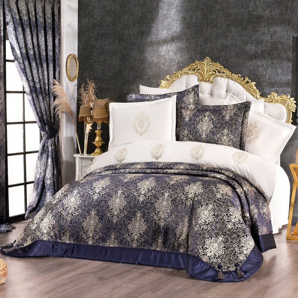 Solinas Collection Elegante Queen Lacivert Çift Kişilik Çeyizlik Yatak Örtüsü, Nakışlı Nevresim Takımı ve Çift Kanat Perde - 270 x 260 cm Yatak Örtüsü Fiyatı