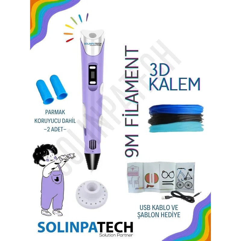 Solinpatech 3D Kalem 3D Pen USB Kablolu Üç Boyutlu Yazıcı Kalem Printer-Mor (3 Adet 3M Filament -9Metre-) - Mor Kalem & Yazı Gereçleri Fiyatı