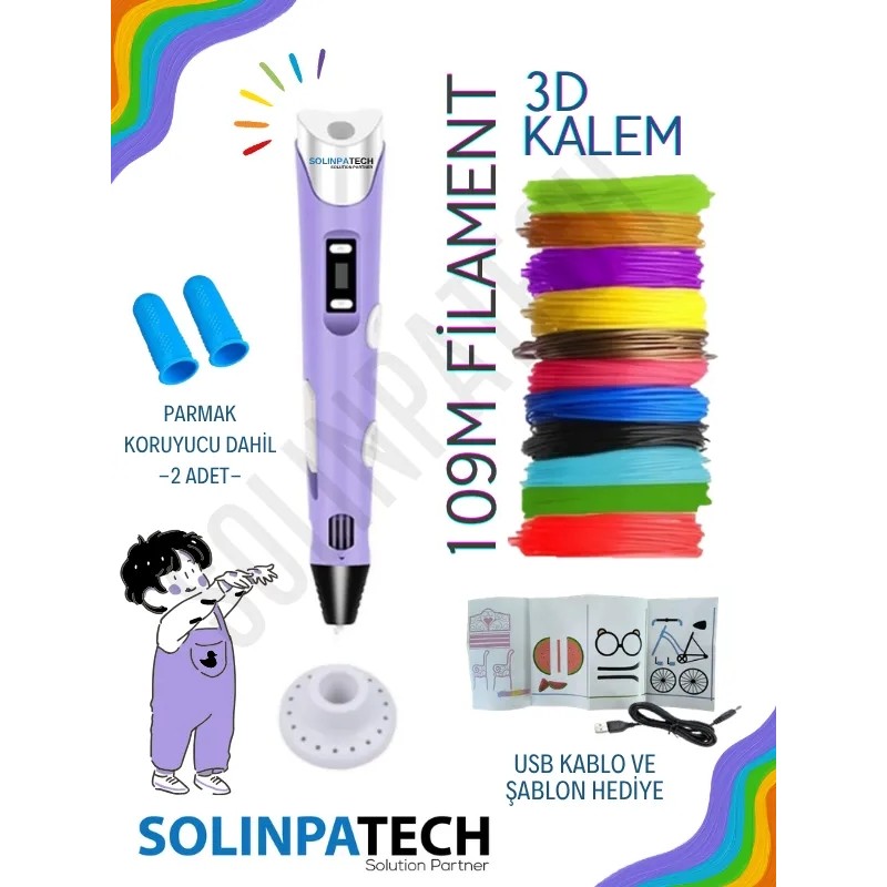 Solinpatech 3D Kalem 3D Pen USB Kablolu Üç Boyutlu Yazıcı Kalem Printer-MOR (Çok Renkli Filament - 109METRE) - Mor Kalem & Yazı Gereçleri Fiyatı