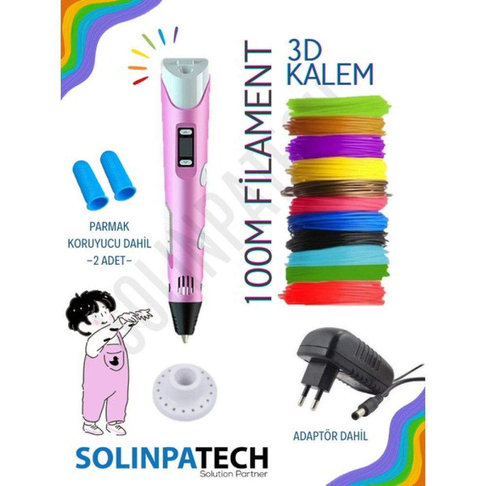 Solinpatech 3D Pen Üç Boyutlu Yazıcı Kalem Printer (20 Adet 5 Metre Filament -100METRE- ve Adaptör Dahil) Pembe Oyun & Hobi Fiyatı