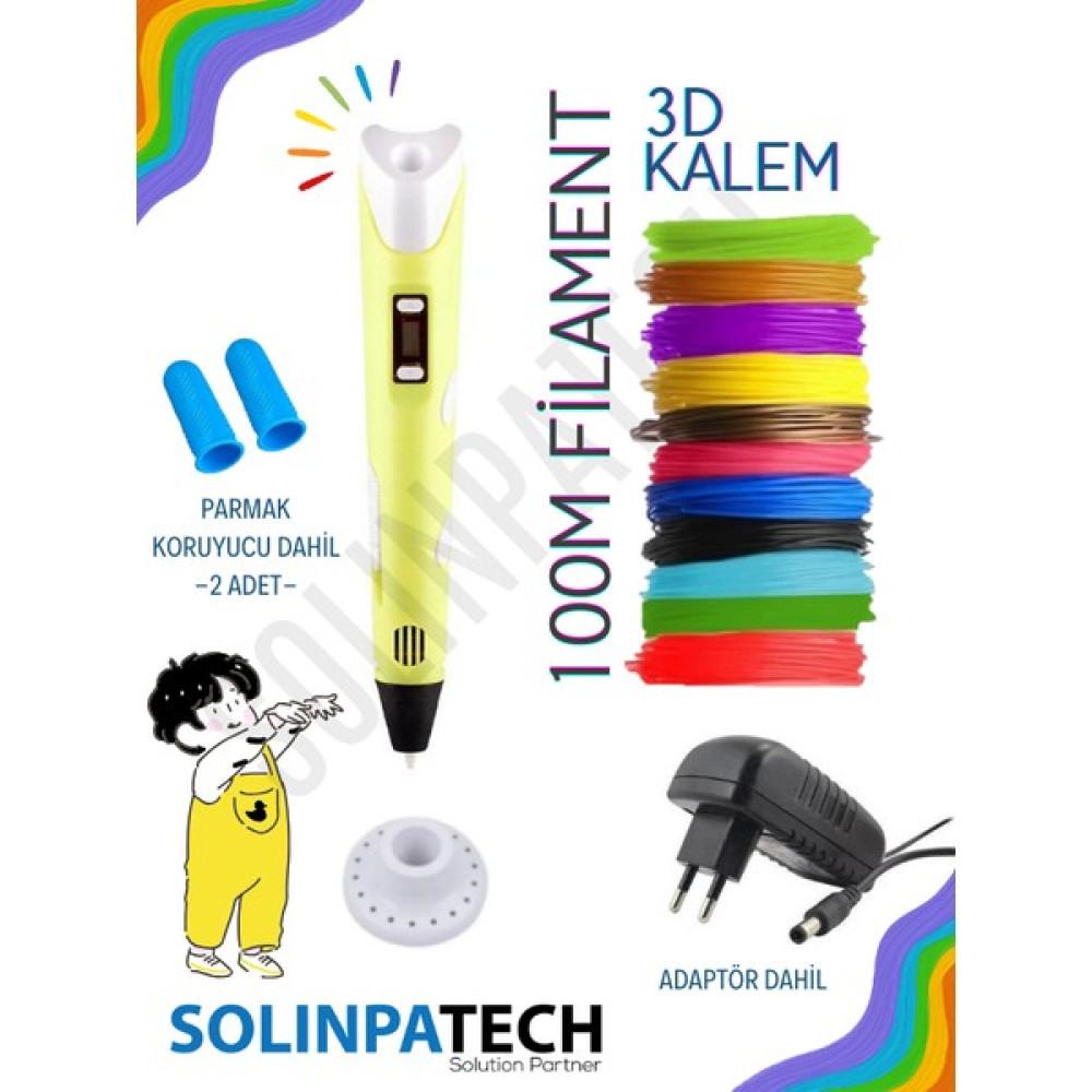 Solinpatech 3D Pen Üç Boyutlu Yazıcı Kalem Printer (20 Adet 5 Metre Filament -100METRE- ve Adaptör Dahil) Sarı Oyun & Hobi Fiyatı