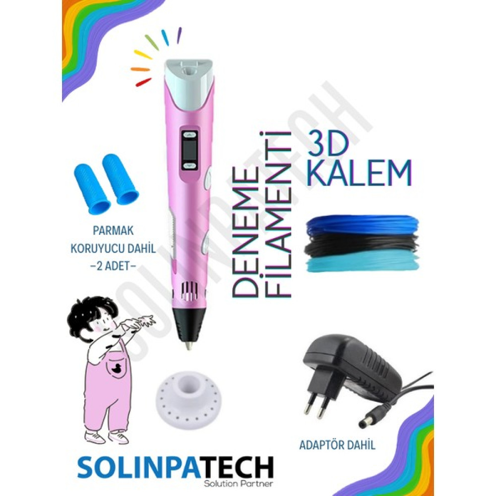 Solinpatech 3D Pen Üç Boyutlu Yazıcı Kalem Printer (3 Adet 3metre Filament -9metre- ve Adaptör Dahil) - Pembe Oyun & Hobi Fiyatı