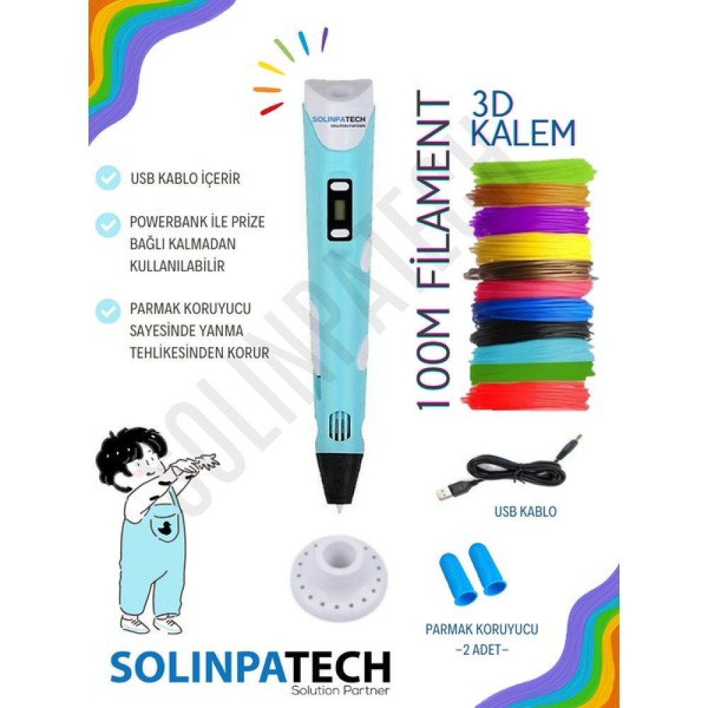 Solinpatech Mavi 3D Pen Üç Boyutlu Yazıcı Kalem Printer (20 Adet 5 Metre Filament -100 Metre- ve USB Kablo Dahil) Tükenmez Kalem Fiyatı