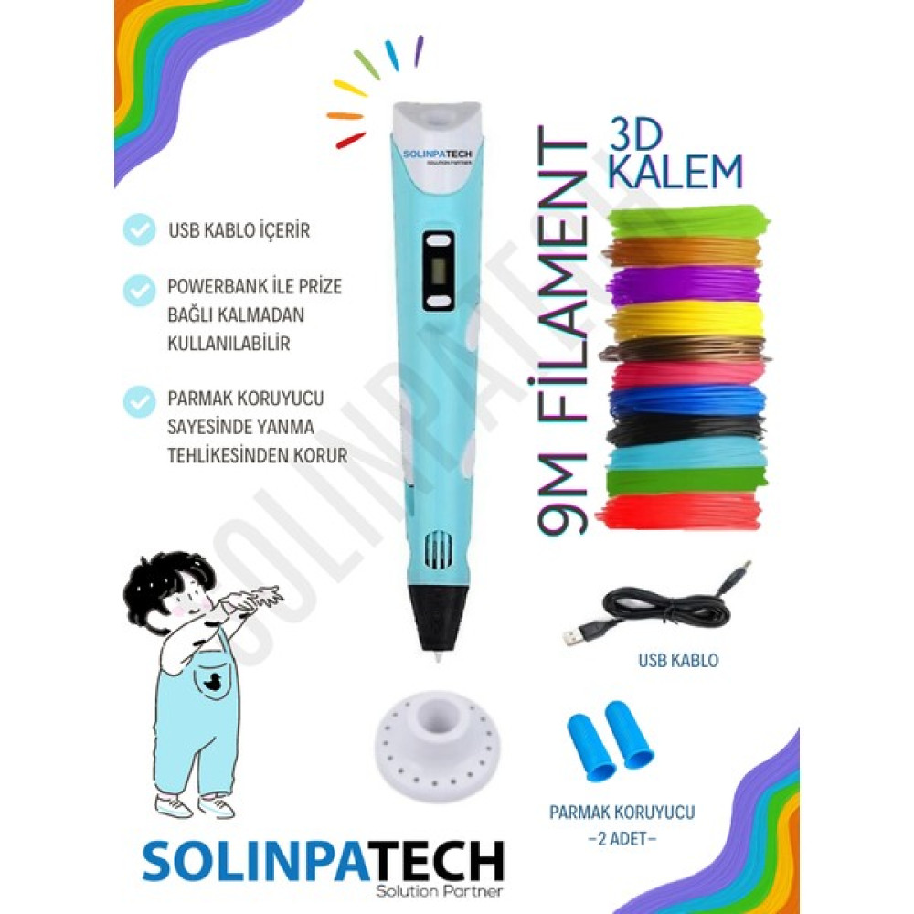 Solinpatech Mavi 3D Pen Üç Boyutlu Yazıcı Kalem Printer (3 Adet 3 Metre Filament -9 Metre- ve USB Kablo Dahil) Oyun & Hobi Fiyatı