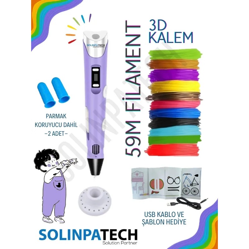 Solinpatech MOR 3D Kalem 3D Pen USB Kablolu Üç Boyutlu Yazıcı Kalem Printer(Çok Renkli Filament - 59METRE) Kalem & Yazı Gereçleri Fiyatı