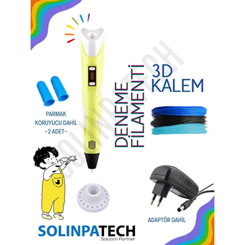 Solinpatech Sarı 3D Pen Üç Boyutlu Yazıcı Kalem Printer (3 Adet 3metre Filament -9metre- ve Adaptör Dahil) - Sarı - Lacivert Oyun & Hobi Fiyatı