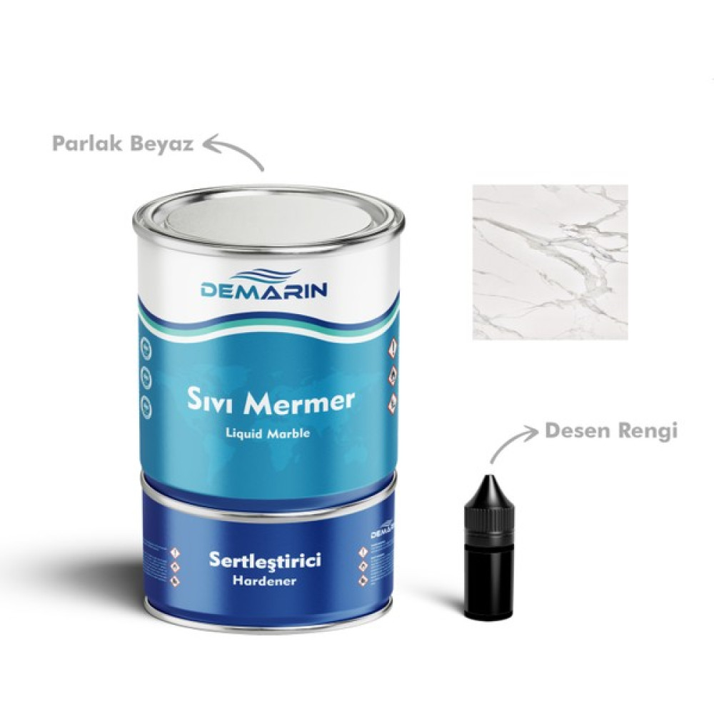 Solventsiz Sıvı Mermer, Liquid Marble - Parlak Beyaz üzerine Siyah Desen 4 Kg (Tezgah, Zemin Boyası) - 3 Kg Boya Malzemeleri Fiyatı