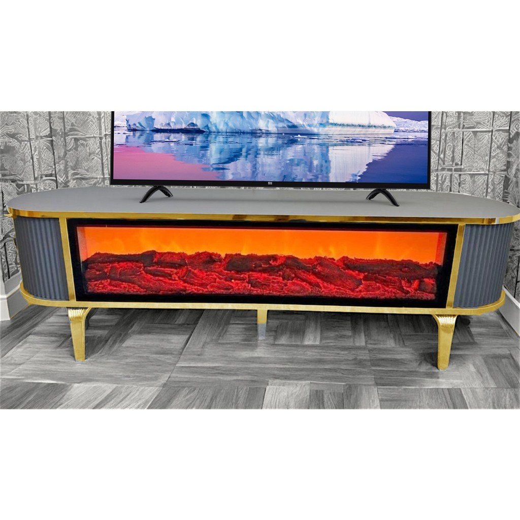 Şömineli Tv Sehpası Gold Ayak Bluetooth Hoparlörlü 3 Renk Mavi,kirmizi,turuncu Kumandali 160 cm - Antrasit TV Aksesuarları Fiyatı