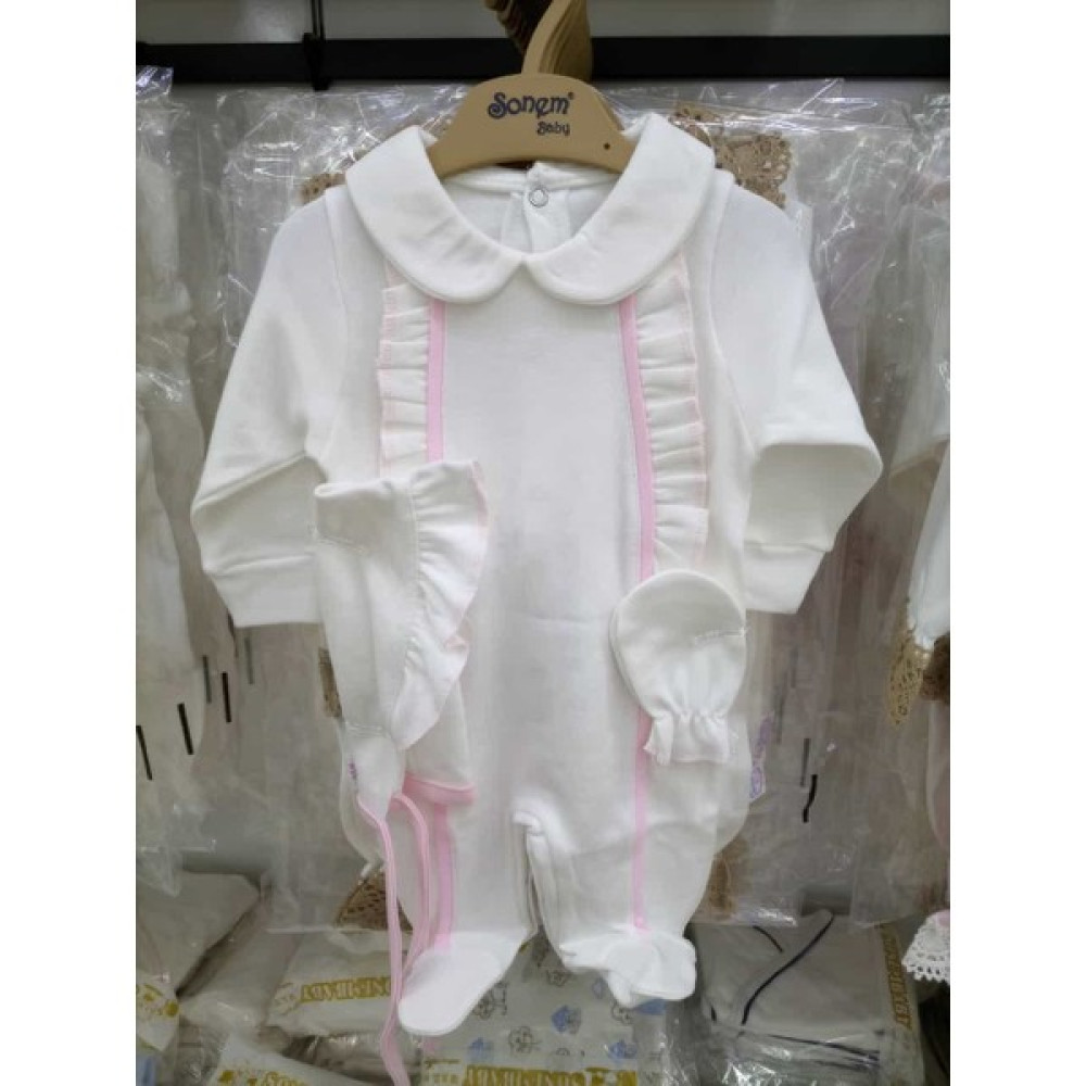 Sonem Baby Beyaz Pembe Biye Detaylı Yenidoğan 3 Parça Penye Tulum Set Bebek Tulumu Fiyatı