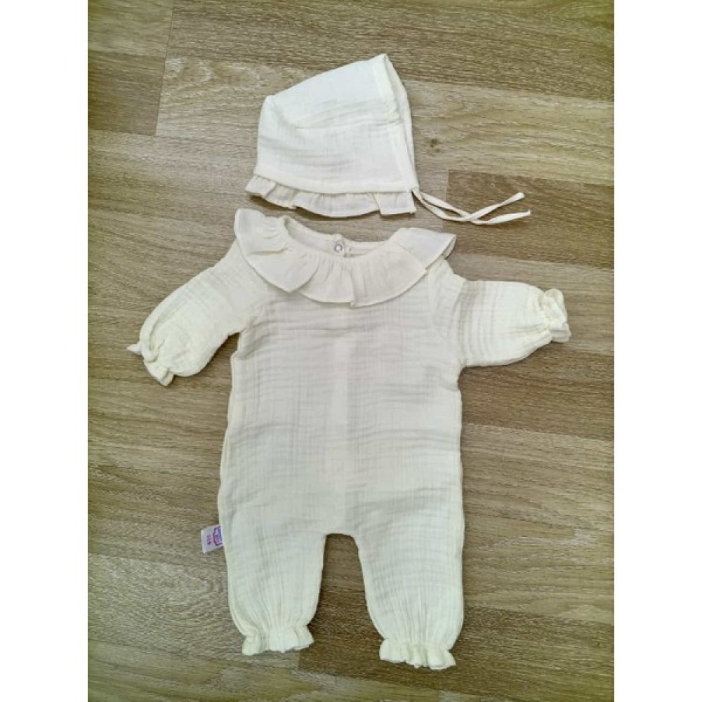 Sonem Baby Krem Müslin Fırfırlı,çıtçıtlı ,şapkalı 2’li Tulum Bebek Tulumu Fiyatı