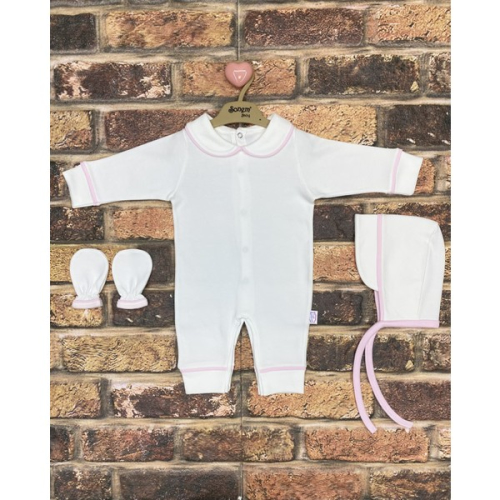 Sonem Baby Pembe Biye Detaylı Yenidoğan 3 Parça Penye Tulum Set Bebek Tulumu Fiyatı