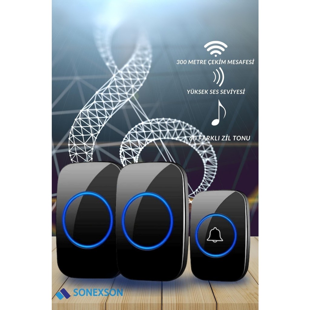 Sonex 1 Buton 2 Alıcı Kablosuz Uzaktan Kumandalı LED Kapı Zili Diğer Fiyatı