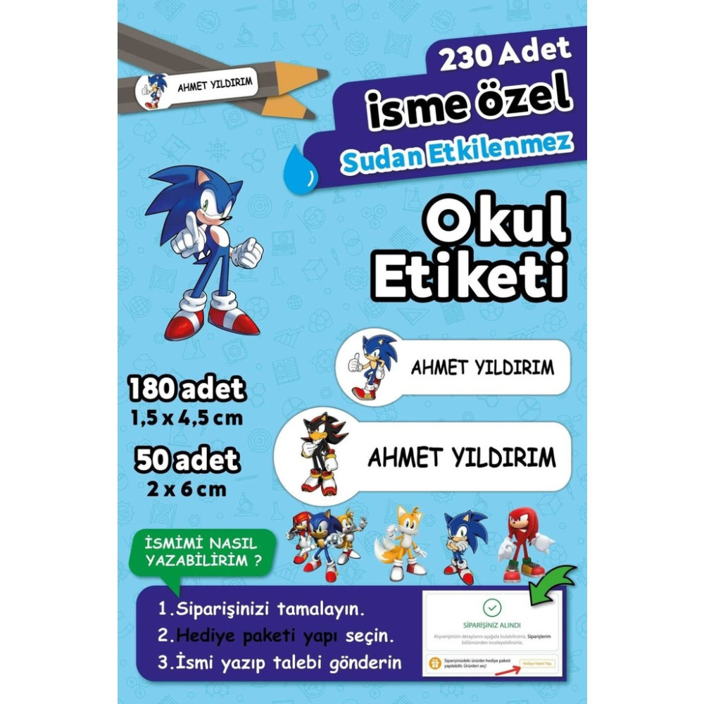 Sonic Temalı Kişiye Özel Isimli Defter Kalem Okul Etiketi, Yırtılmaz Pvc Etiket, Sudan Etkilenmez - 230 Adet - Beyaz Okul Etiketi Fiyatı