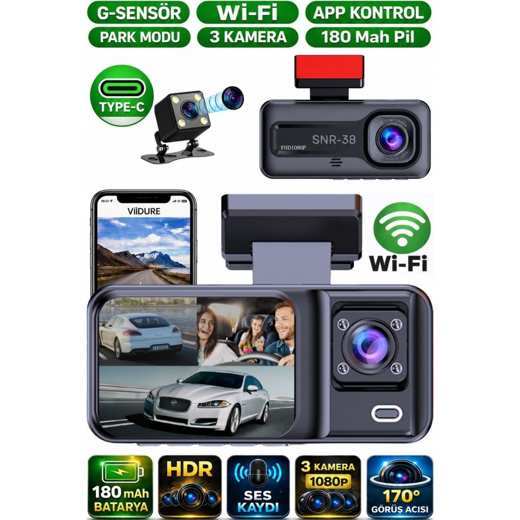 Sonreir SNR-38 Wi-Fi 3 Kameralı Araç içi Güvenlik Kamerası IR Gece Görüşü G-Sensör Ön-arka-iç Kayıt Dashcam Güvenlik Kameraları Fiyatı