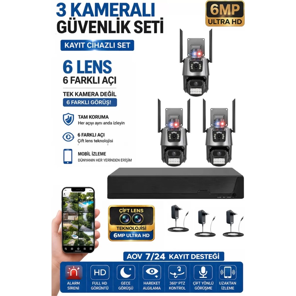 Sonreir XPRO 3 Kamera 6 Lens Kablosuz WiFi Güvenlik Kamerası Seti NVR Kayıt Cihazı Gece Görüşlü IP Kamera - 3 lü Set Güvenlik Kameraları Fiyatı