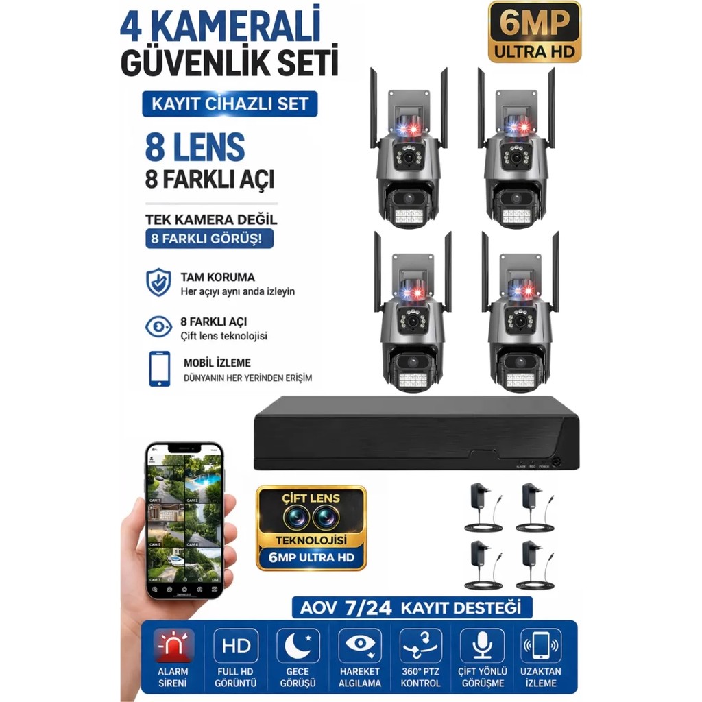 Sonreir XPRO 4 Kamera 8 Lens Kablosuz WiFi Güvenlik Kamerası Seti NVR Kayıt Cihazı Gece Görüşlü IP Kamera - 4 lü Set Güvenlik Kameraları Fiyatı